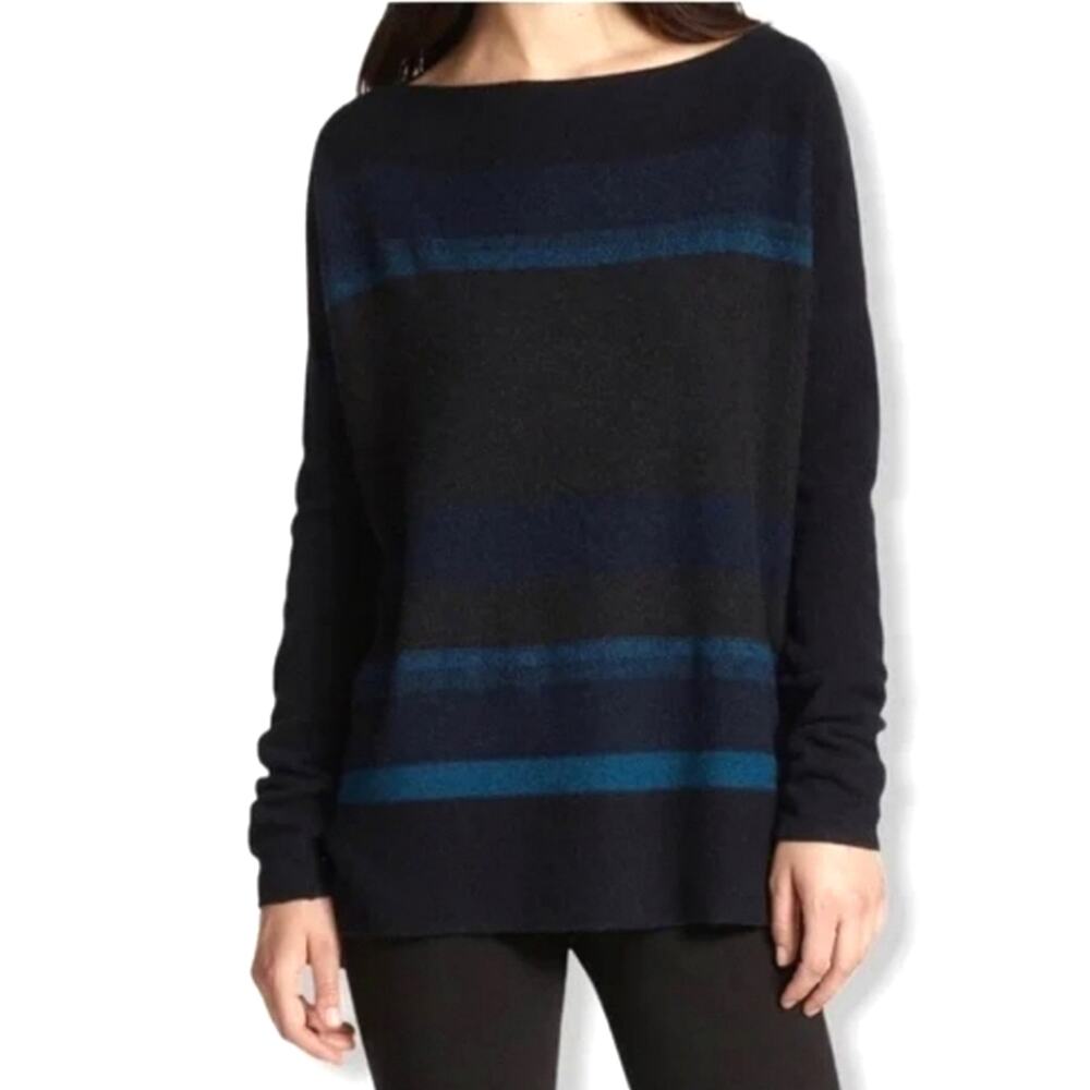 Vince Wool Cashmere Blend Striped Boat Neck Sweater Blue Gray Long Sleeve S